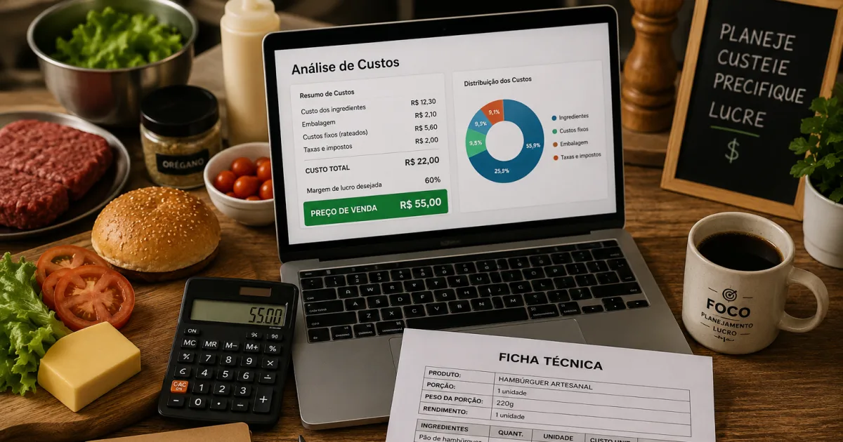 Bancada de cozinha com ingredientes de hambúrguer, calculadora, ficha técnica impressa e um notebook mostrando a análise de custos e o preço de venda calculado